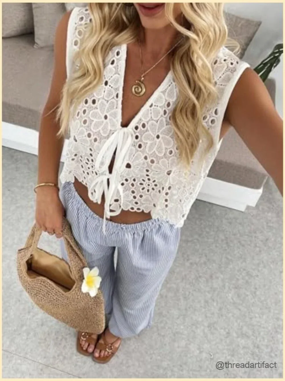 Tie Front Lace Eyelet Embroidered Boho Crop Tank Top Summer Beach Vacation - Picture 3 of 7